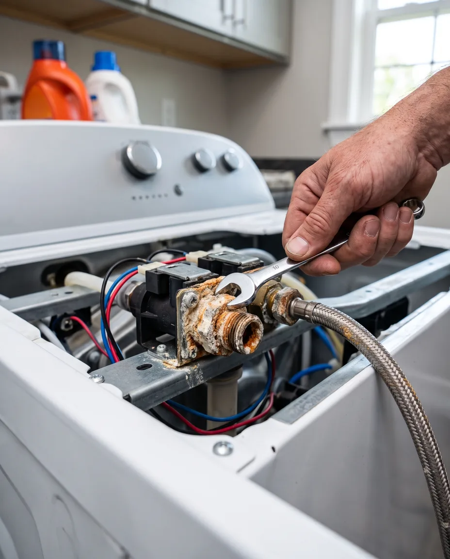 Technician inspecting hard water mineral buildup on a washing machine valve in Abilene, TX