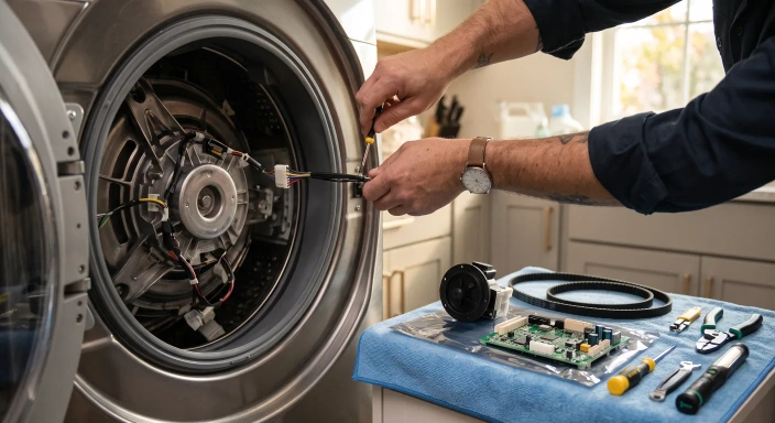 Washer repair specialist working closely on washing machine drum and parts in Abilene, TX