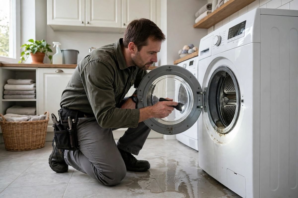 Washer leaking water Abilene TX: technician inspecting a washer door seal
