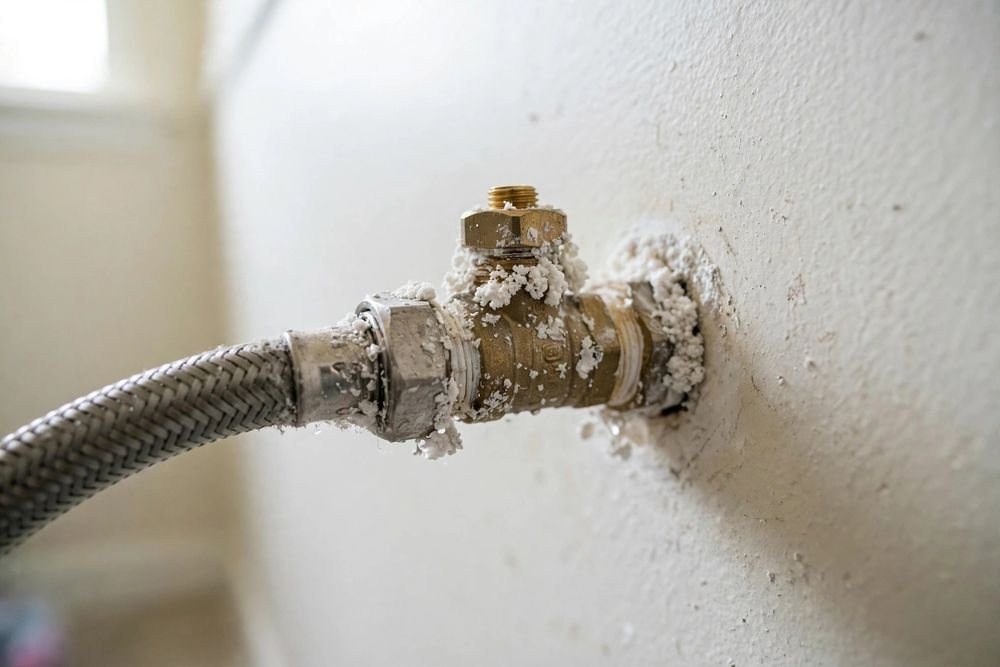 Washer leaking water Abilene TX: mineral corrosion on a washer hose connection from hard water