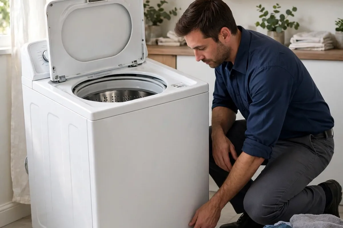 WasherFixPros technician inspecting a shaking washer in an Abilene, TX laundry room