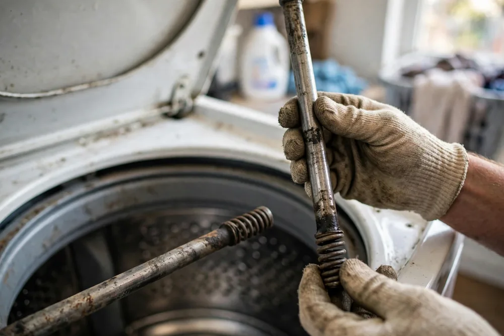Worn washer suspension rods removed during a washer shaking Abilene TX repair
