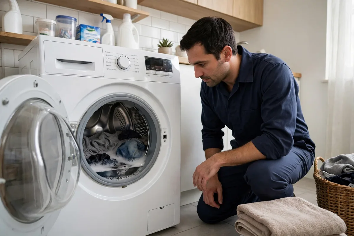 Technician diagnosing a washer stuck mid cycle in Abilene, TX
