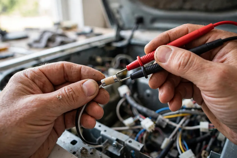 Hands testing a thermal fuse with multimeter probes — diagnosing a washer will not start Abilene TX call