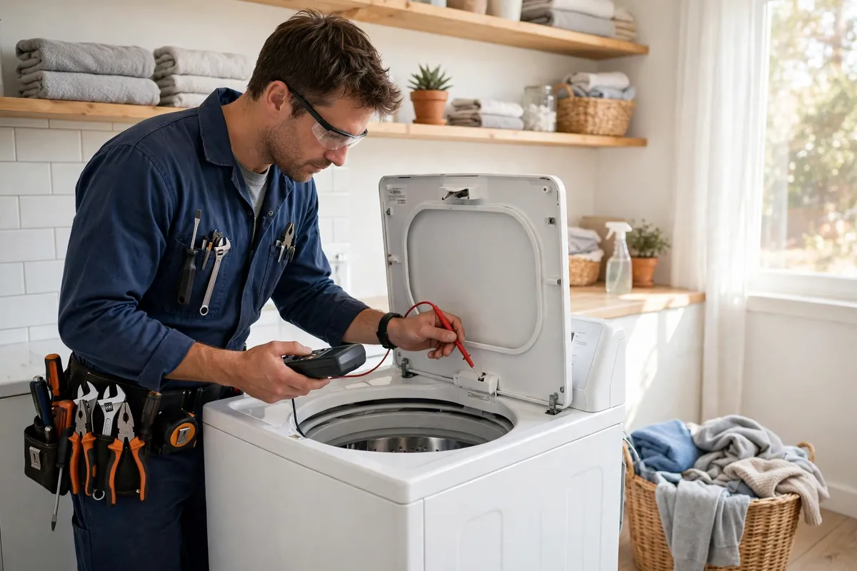 Technician testing a washer lid switch with a multimeter — washer will not start Abilene TX